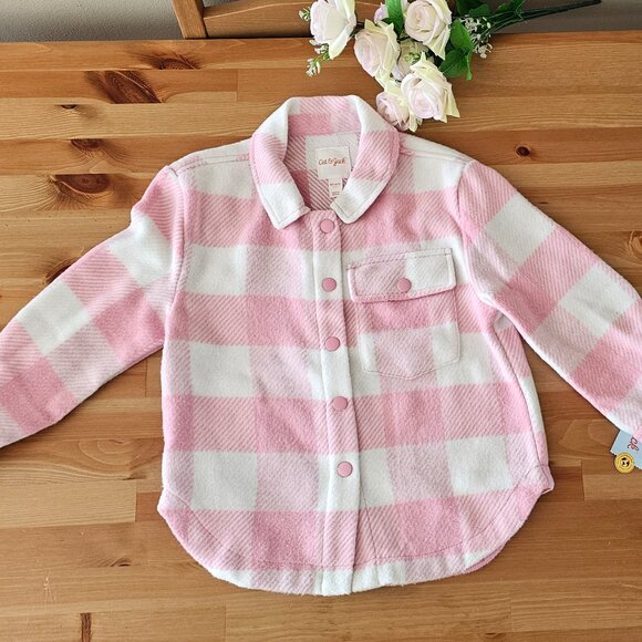 Cat & Jack - Girls' Plaid Button-Front Long Sleeve Shacket - Dusty Pink Plaid - Picture 4 of 14
